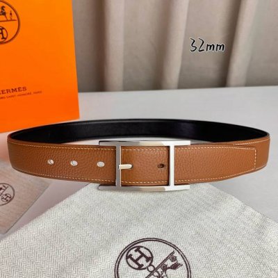 HermèS 爱马仕针扣 原单品质 进口头层牛皮 土黄色荔枝纹搭配黑色平纹 32Mm宽 双面可用 配官网H亮金 亮银扣