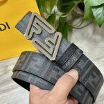 图片包装＋10 Fendi 芬迪 专柜同款 宽4.0Cm 双环正反用腰带 Ff按钉搭扣 黑色Cuoio Romano皮革材质 反面面料带有烟草黄和黑色Ff图案