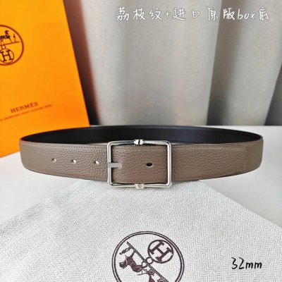 HermèS 爱马仕针扣 原单品质 进口头层牛皮 灰色荔枝纹搭配黑色平纹 32Mm宽 双面可用 配官网H亮金 亮银扣