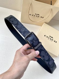 宽度3.8Cm Coach 这款双面腰带一面为经典标志帆布材质，另一面为精制皮革材质，配有标志性扣件，将两种外形合二为一。通过简单的说明，可用剪刀剪裁至完美合身