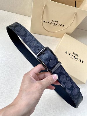 宽度3.8Cm Coach 这款双面腰带一面为经典标志帆布材质，另一面为精制皮革材质，配有标志性扣件，将两种外形合二为一。通过简单的说明，可用剪刀剪裁至完美合身
