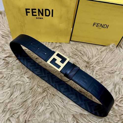 Fendi 芬迪 专柜同款 宽4.0Cm 双环正反用腰带 Ff按钉搭扣 黑色Cuoio Romano皮革材质 反面面料带有烟草黄和黑色Ff图案 四方金属饰面 时