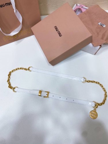 缪缪今年新元素金属腰带，颜色上非常百搭，小牛皮 搭配金属链条 Miu吊坠 低调中带有高级感，真的看不腻，这个腰带真的太适合慵懒随性的文艺女孩了 宽度1.5Cm
