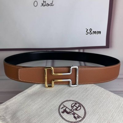 HermèS爱马仕 双头尖 双面原版 原单品质 进口头层牛皮 土黄色荔枝纹搭配黑色平纹 寸半38Mm 配官网H 金银间色纯钢扣