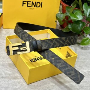 Fendi芬迪专柜同款 宽3.0Cm 双环正反用腰带 Ff按钉搭扣 黑色Cuoio Romano皮革材质 反面面料带有烟草灰和黑色Ff图案 黑色珐琅金属饰面 时