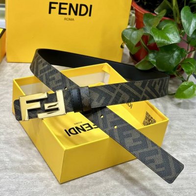 Fendi芬迪专柜同款 宽3.0Cm 双环正反用腰带 Ff按钉搭扣 黑色Cuoio Romano皮革材质 反面面料带有烟草灰和黑色Ff图案 黑色珐琅金属饰面 时