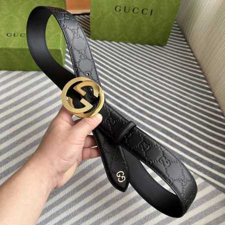 特 Gucci 黑色Signature压花，尾部内镶双G立体五金，宽度4.0Cm 纯钢经典大饼扣花纹新工艺。 - 点击图像关闭
