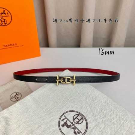 HermèS 爱马仕女款细腰带 原单品质 原版进口E手掌纹配进口小牛皮底 双面可用 黑色红色 13Mm宽 搭配H亮金 银扣 - 点击图像关闭