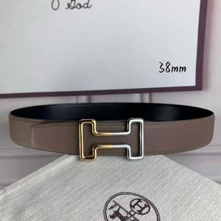 HermèS爱马仕 双头尖 双面原版 原单品质 进口头层牛皮 灰色荔枝纹搭配黑色平纹 寸半38Mm 配官网H 金银间色纯钢扣 - 点击图像关闭