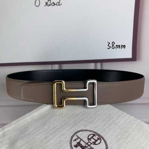 HermèS爱马仕 双头尖 双面原版 原单品质 进口头层牛皮 灰色荔枝纹搭配黑色平纹 寸半38Mm 配官网H 金银间色纯钢扣