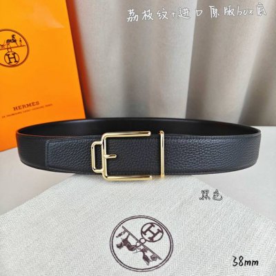 Hermè 爱马仕 双头尖 双面原版 原单品质 进口头层牛皮 黑色荔枝纹搭配黑色平纹 寸半38Mm 配H官网新款金 银 黑扣