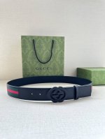 宽度4.0Cm Gucci 经典帆布织带腰带，配以织纹皮质滚边和双G原单钢扣。绿色 红色 绿色棉质帆布编织腰带，配以黑色头层牛皮