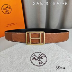 Hermè 爱马仕 双头尖 双面原版 原单品质 进口头层牛皮 土黄色荔枝纹搭配黑色平纹 寸半38Mm 配官网H精钢金 银扣