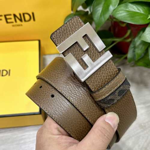图片包装＋10 Fendi 芬迪 专柜同款 宽4.0Cm 双环正反用腰带 Ff按钉搭扣 咖啡色Cuoio Romano皮革材质 反面面料带有烟草黄和黑色Ff图案