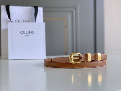 Celine新品椭圆形针扣女士腰带 纯铜金色 双面意大利原厂小牛皮 手缝蜡线 宽度1.8Cm 顶级