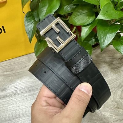 图片包装＋10 Fendi 芬迪 专柜同款 宽3.0Cm 双环正反用腰带 Ff按钉搭扣 黑色Cuoio Romano皮革材质 反面面料带有烟草灰和黑色Ff图案