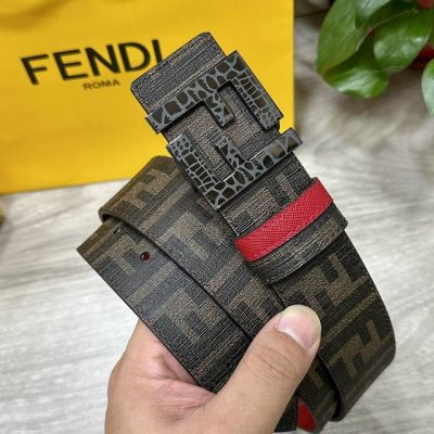 图片包装＋10 Fendi 芬迪 专柜同款 宽4.0Cm 双环正反用腰带 Ff按钉搭扣 红色Cuoio Romano皮革材质 反面面料带有烟草黄和黑色Ff图案
