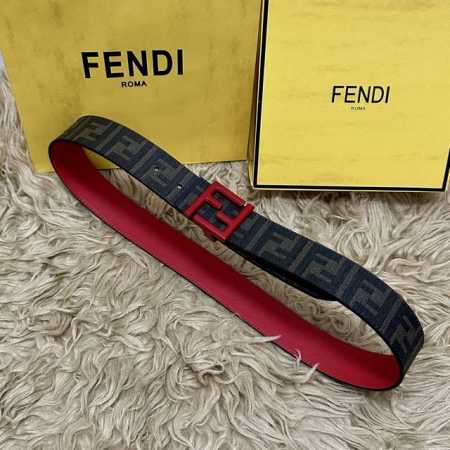 Fendi 芬迪 全套包装 专柜同款 宽4.0Cm 双环正反用腰带 Ff按钉搭扣 黑色Cuoio Romano皮革材质 反面面料带有烟草黄和黑色Ff图案 四方金 - 点击图像关闭
