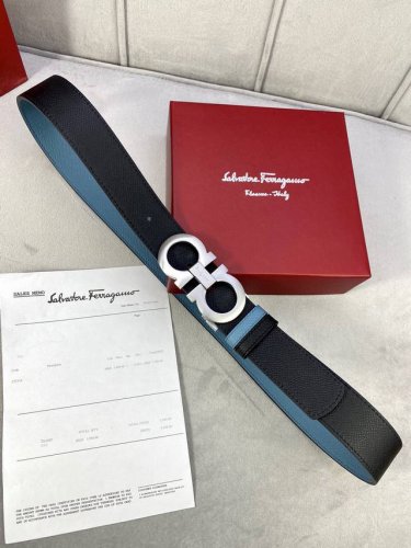 特 宽度3.5Cm Ferragamo 菲拉格慕 两面手掌纹双面头层牛皮皮带，配有金 白 枪色金属Gancio双扣。该皮带可调节，且能根据需要剪裁，达到修身效果