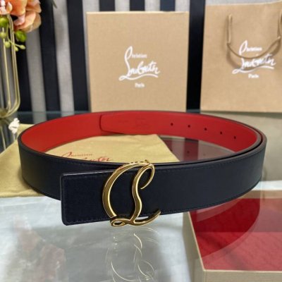 3.5宽christian Louboutin 男士ricky标志性徽标搭扣黑色腰带红色底，双面牛皮。