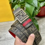 图片包装＋10 Fendi 芬迪 专柜同款 宽4.0Cm 双环正反用腰带 Ff按钉搭扣 红色Cuoio Romano皮革材质 反面面料带有烟草黄和黑色Ff图案