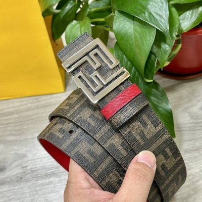 图片包装＋10 Fendi 芬迪 专柜同款 宽4.0Cm 双环正反用腰带 Ff按钉搭扣 红色Cuoio Romano皮革材质 反面面料带有烟草黄和黑色Ff图案