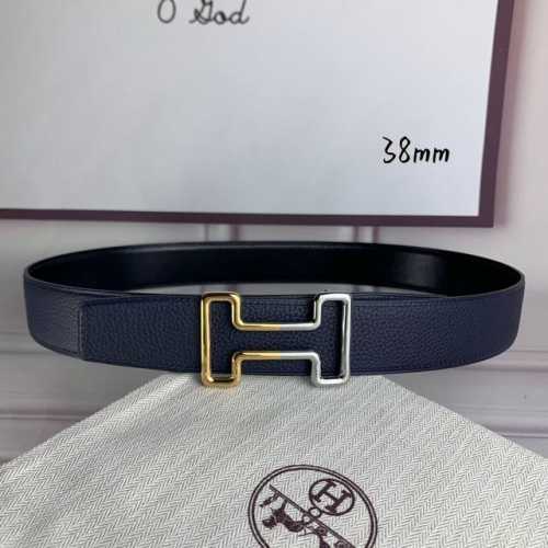 HermèS爱马仕 双头尖 双面原版 原单品质 进口头层牛皮 深蓝色荔枝纹搭配黑色平纹 寸半38Mm 配官网H 金银间色纯钢扣