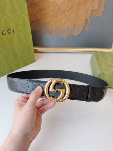 Gucci 经典全皮压花，专柜新版Logo横标，原版进口南非皮底，精品双G钢扣 高端品质，不惧对比，宽度：4.0Cm 代购版本 原单130