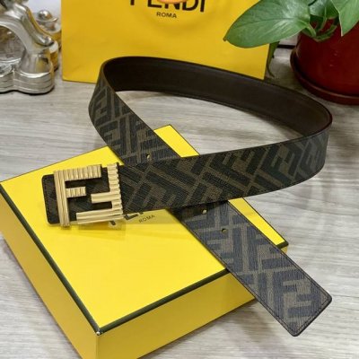 图片包装＋10 Fendi 芬迪 专柜同款 双环正反用腰带 Ff按钉搭扣 棕色cuoio Romano皮革材质 反面面料带有烟草黄和黑色ff图案 黑色珐琅金属饰