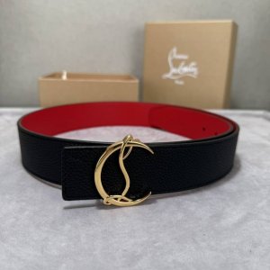 配包装盒3.8宽Christian Louboutin 男士Ricky标志性徽标搭扣黑色腰带红色底 双面牛皮