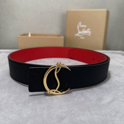 配包装盒3.8宽Christian Louboutin 男士Ricky标志性徽标搭扣黑色腰带红色底 双面牛皮