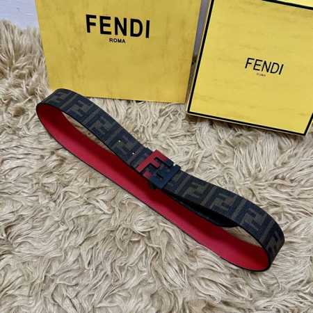 Fendi 芬迪 全套包装 专柜同款 宽4.0Cm 双环正反用腰带 Ff按钉搭扣 黑色Cuoio Romano皮革材质 反面面料带有烟草黄和黑色Ff图案 四方金 - 点击图像关闭