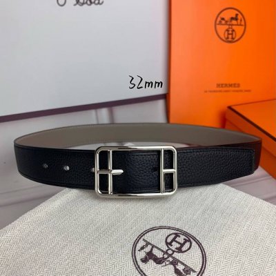 HermèS 爱马仕针扣皮带 原单品质 双面荔枝纹 黑+灰 32Mm宽 双面可用 配官网经典方形亮金 亮银 亚枪扣