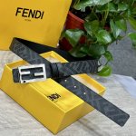 Fendi芬迪专柜同款 宽3.0Cm 双环正反用腰带 Ff按钉搭扣 黑色Cuoio Romano皮革材质 反面面料带有烟草灰和黑色Ff图案 黑色珐琅金属饰面 时