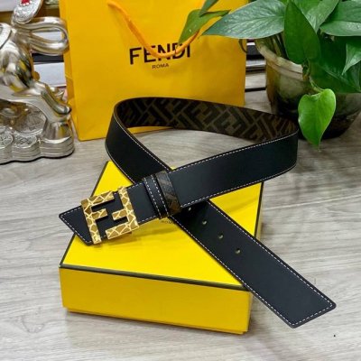 Fendi 芬迪 专柜同款 宽4.0Cm 双环正反用腰带 Ff按钉搭扣 双色cuoio Romano皮革材质 反面面料带有烟草黄和黑色ff图案 黑色珐琅金属饰面