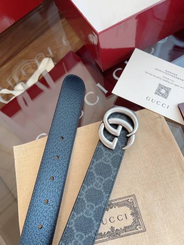 Gucci.古驰 全套包装 绝美Gucci 双G男士新款腰帶 專櫃同步 寬3.5厘米 帶身帆布灰老花-拼進口猪皮紋黑色 精緻真空電鍍双G鋼扣 雙面可用