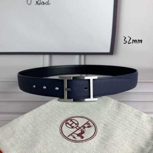 HermèS 爱马仕针扣 原单品质 头层牛皮 深蓝色荔枝纹搭配黑色平纹 32Mm宽 双面可用 配官网H黑间银扣