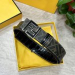 图片包装＋10 Fendi 芬迪 专柜同款 宽4.0Cm 双环正反用腰带 Ff按钉搭扣 黑色Cuoio Romano皮革材质 反面面料带有烟草黄和黑色Ff图案
