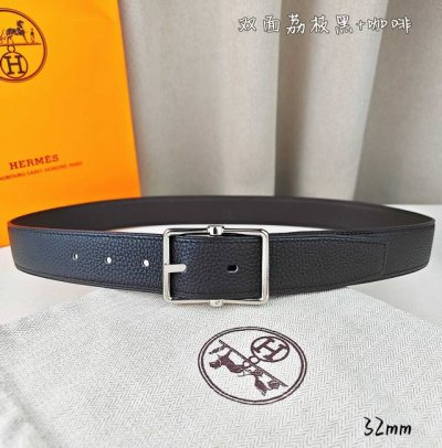 HermèS 爱马仕针扣皮带 原单品质 双面荔枝纹 黑+咖啡 32Mm宽 双面可用 配官网经典H亮金 亮银扣