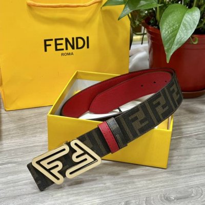 Fendi 芬迪 专柜同款 宽4.0Cm 双环正反用腰带 Ff按钉搭扣 红色cuoio Romano皮革材质 反面面料带有烟草黄和黑色ff图案 黑色珐琅金属饰面