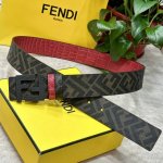 Fendi 芬迪 专柜同款 宽4.0Cm 双环正反用腰带 Ff按钉搭扣 红色Cuoio Romano皮革材质 反面面料带有烟草黄和黑色Ff图案 四方金属饰面 时