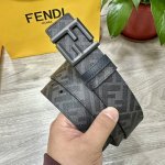 Fendi 芬迪 专柜同款 宽4.0Cm 双环正反用腰带 Ff按钉搭扣 深兰色Cuoio Romano皮革材质 反面面料带有烟草黄和黑色Ff图案 四方金属饰面