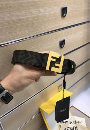 新款 Fd 宽35 Mm 支持Nfc 芯片扫描，标志造型皮带，原版亮面间纹F铆钉扣，进口原版 黑色小牛皮配原版老花制成，镀金表面金属制品，品质保证，非市场通货！ - 点击图像关闭