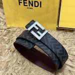 图片包装＋10 Fendi 芬迪 专柜同款 宽4.0Cm 双环正反用腰带 Ff按钉搭扣 酒红色Cuoio Romano皮革材质 反面面料带有烟草黄和黑色Ff图案