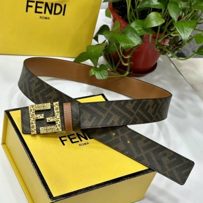 Fendi 芬迪 专柜同款 宽4.0Cm 双环正反用腰带 Ff按钉搭扣 土黄Cuoio Romano皮革材质 反面面料带有烟草黄和黑色Ff图案 四方金属饰面 时
