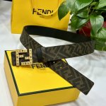 Fendi 芬迪 专柜同款 宽4.0Cm 双环正反用腰带 Ff按钉搭扣 黑色Cuoio Romano皮革材质 反面面料带有烟草黄和黑色Ff图案 四方金属饰面 时