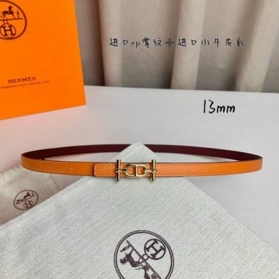 HermèS 爱马仕女款细腰带 原单品质 原版进口E手掌纹配进口小牛皮底 双面可用 橙色酒红色 13Mm宽 搭配H亮金 银扣