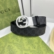 特 Gucci 473030 Kgdhhn 黑灰supreme Pvc老花 小牛皮黑底 宽度3.7Cm 圆双g旋转扣 双面可用 可裁剪