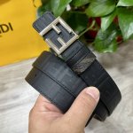 图片包装＋10 Fendi 芬迪 专柜同款 宽3.0Cm 双环正反用腰带 Ff按钉搭扣 黑色Cuoio Romano皮革材质 反面面料带有烟草灰和黑色Ff图案