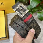 图片包装＋10 Fendi 芬迪 专柜同款 宽4.0Cm 双环正反用腰带 Ff按钉搭扣 红色Cuoio Romano皮革材质 反面面料带有烟草黄和黑色Ff图案